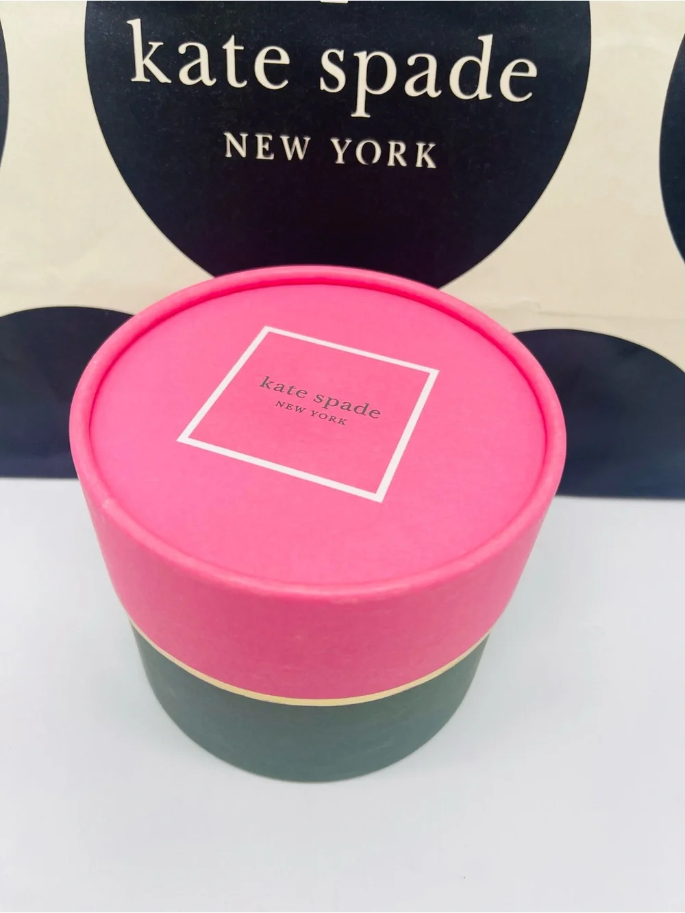 kate spade Pink and Green Round Gift Box with Gold Trim New